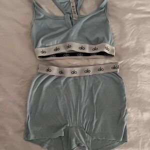 ALO Yoga Light Blue Ribbed Bra and Shorts set